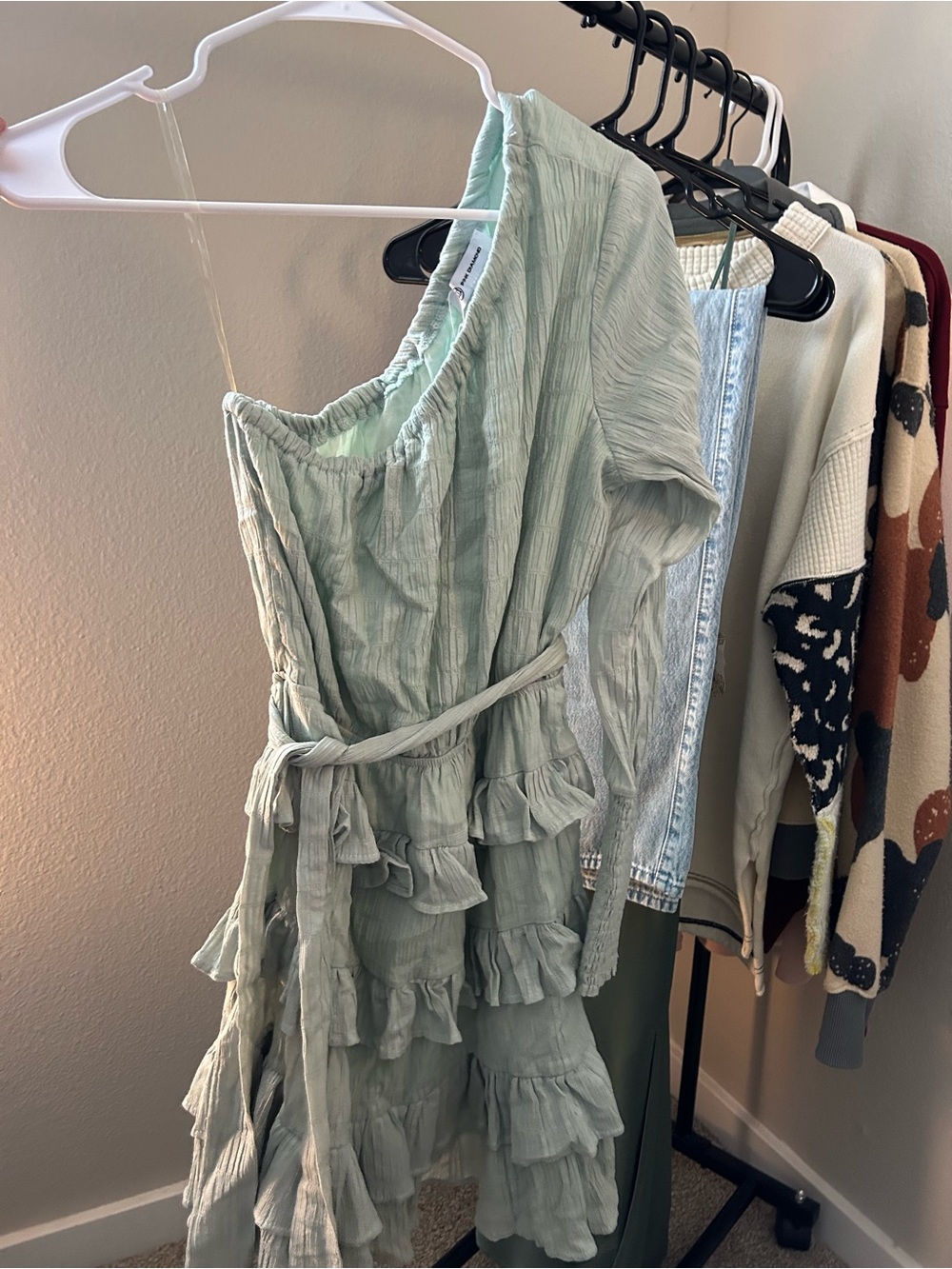 *NWT* Pink Diamond One-Shoulder Ruffled Mini Dress in a Light Blue-Green color